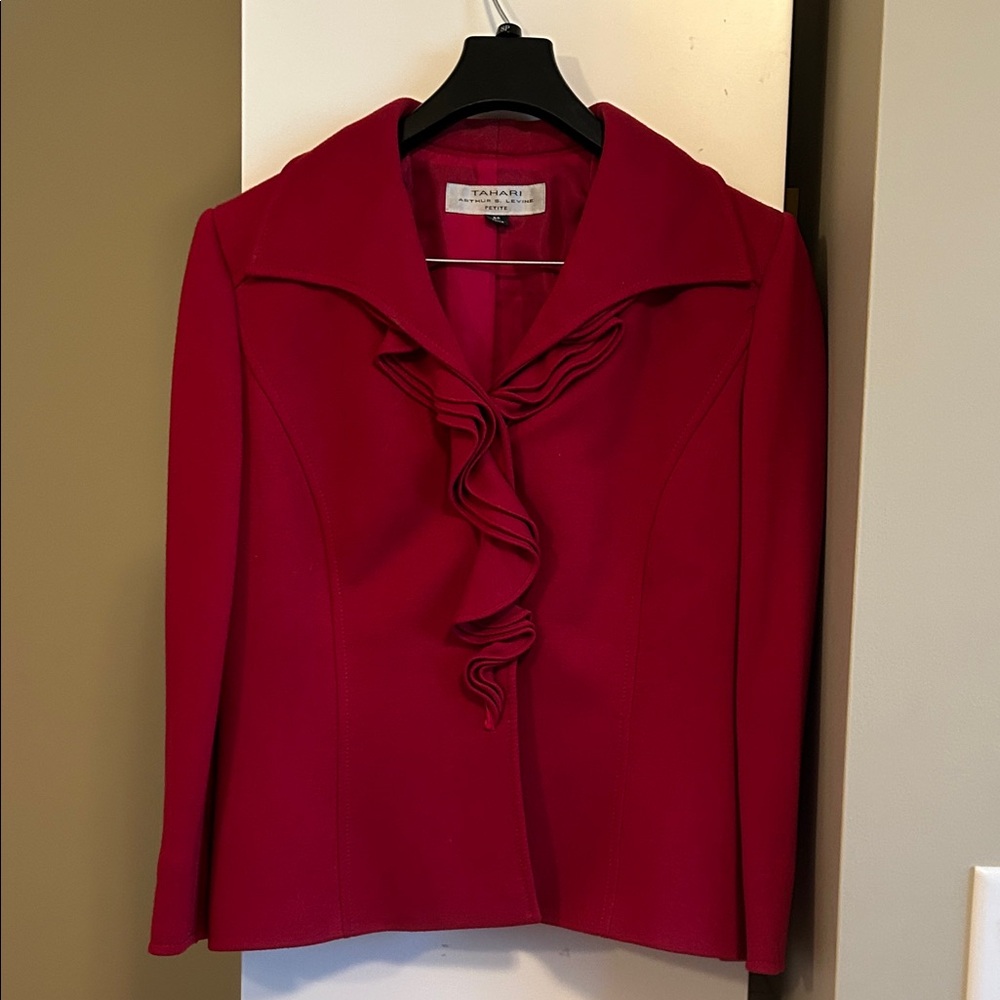 Tahari Scarlet Blazer Skirt Suit with Ruffle Detail